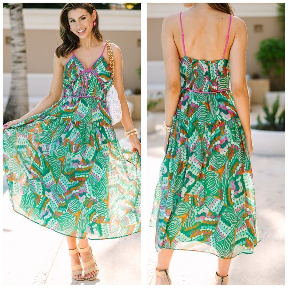 Entro Midi Dress Sleeveless Boho Vacation Green Pink